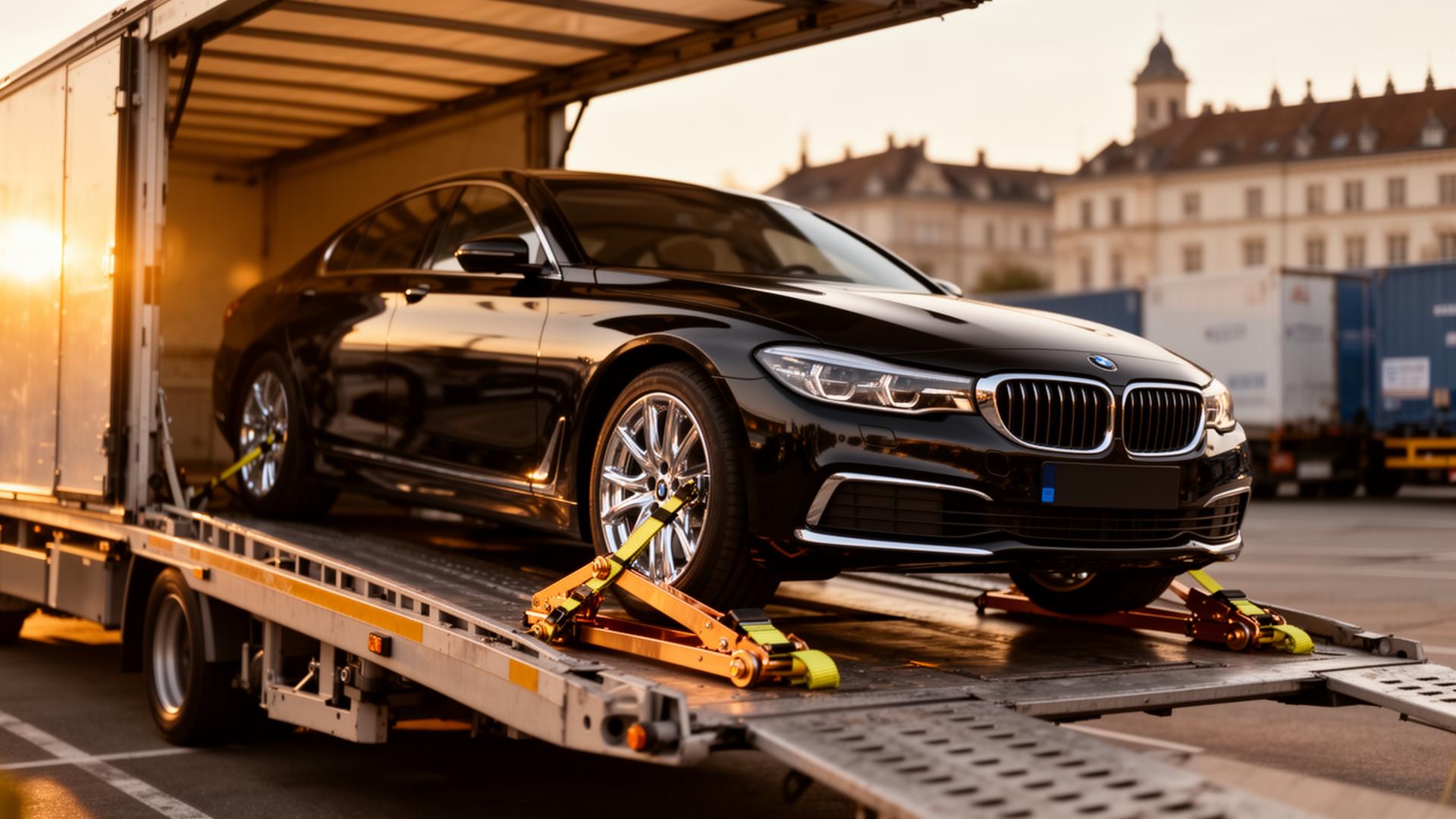 Chargement d'une berline premium sur camion porte-voitures couvert